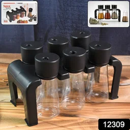 Plastic Spice Jar Set – 6-Piece Rotating Lid Organizer with Stand