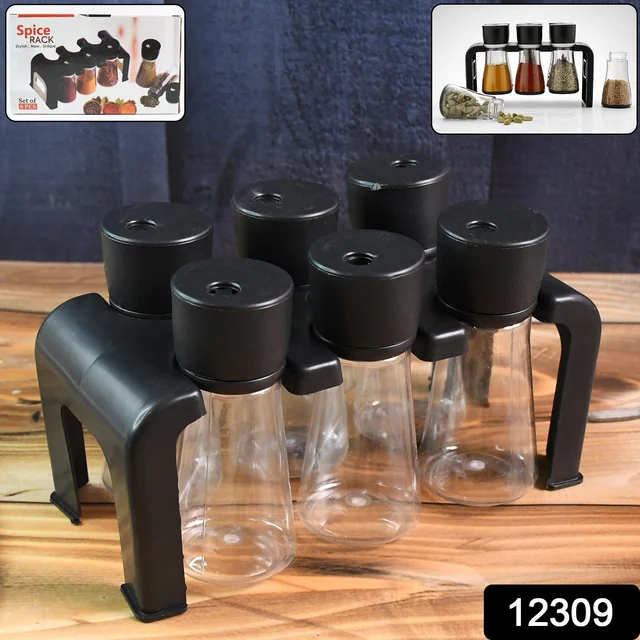 Plastic Spice Jar Set – 6-Piece Rotating Lid Organizer with Stand