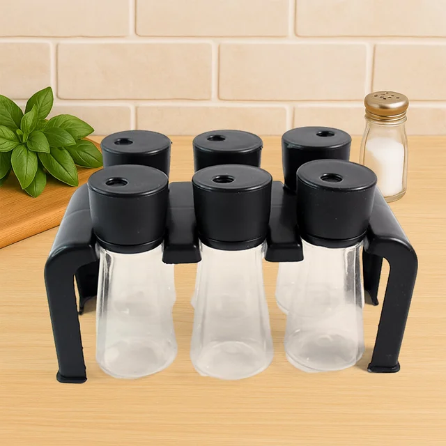 Plastic Spice Jar Set – 6-Piece Rotating Lid Organizer with Stand