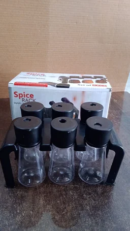 Plastic Spice Jar Set – 6-Piece Rotating Lid Organizer with Stand