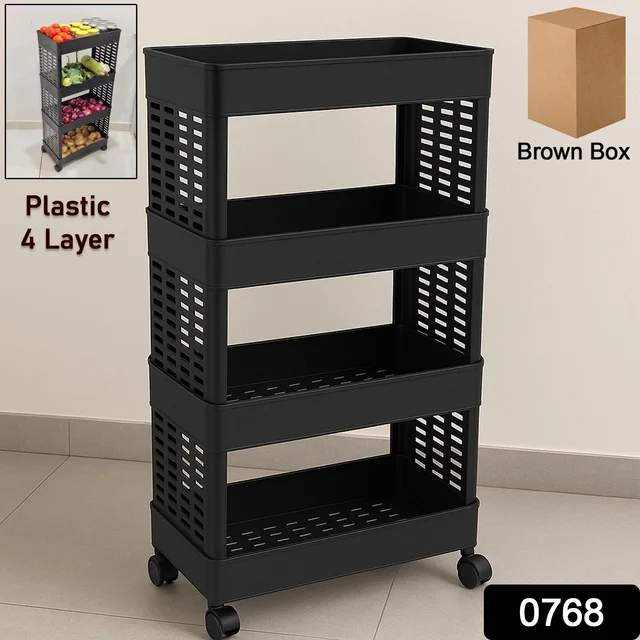 Plastic Storage Rack – 4-Layer Utility Trolley with Wheels | Organivo