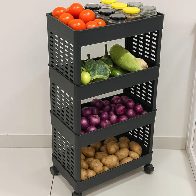 Plastic Storage Rack – 4-Layer Utility Trolley with Wheels | Organivo