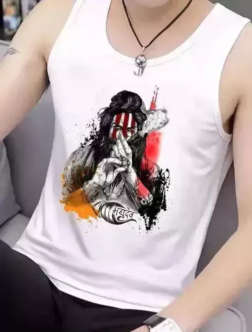 OJSR MENS WHITE PRINTED ROUND NECK SLEEVELESS VESTS Mo