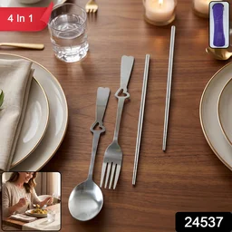 Portable Stainless Steel Cutlery Set with Spoon Fork Chopsticks Pouch (4 Pc Set)