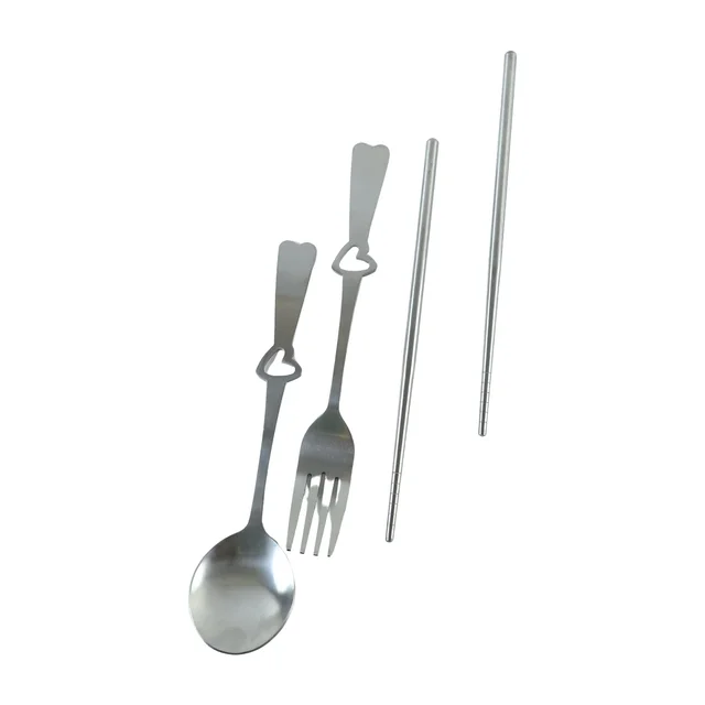 Portable Stainless Steel Cutlery Set with Spoon Fork Chopsticks Pouch (4 Pc Set)