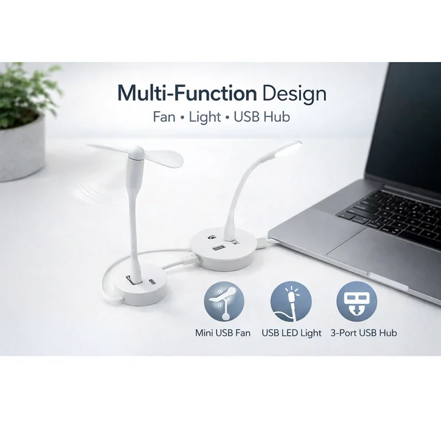 Portable USB Fan, Light & 3-Port Hub Combo for Laptops | Deskrova