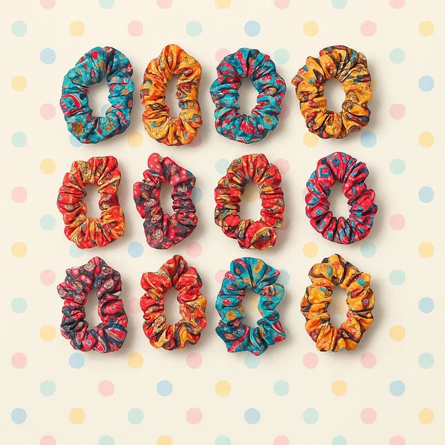 Printed Fabric Hair Scrunchies – Set of 12 Stylish Prints
