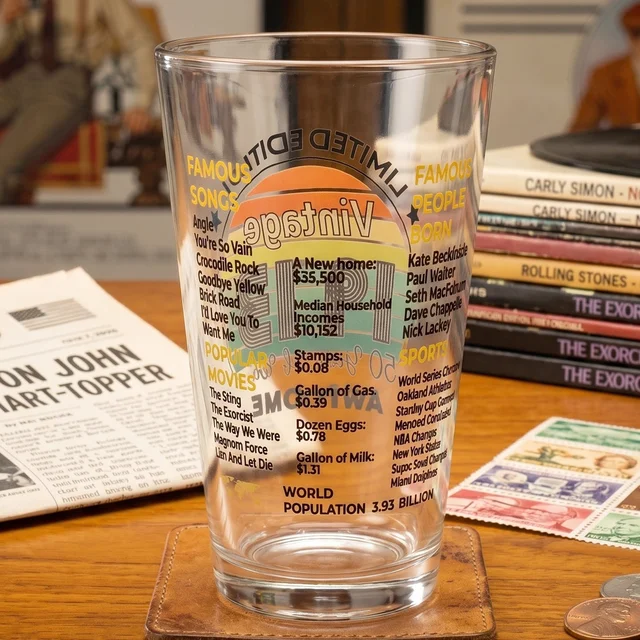 Printed Vintage Trivia Drinking Glass – Unique Novelty Gift