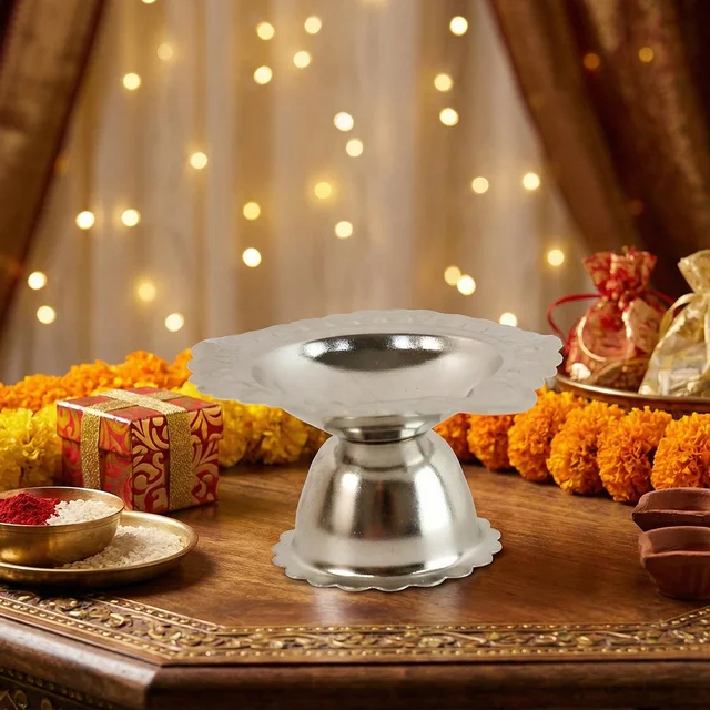Puja Diya Stand – Stainless Steel Traditional Oil Lamp Holder