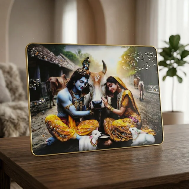 Radha Krishna Village Scene Wall Frame – Peaceful & Elegant Decor