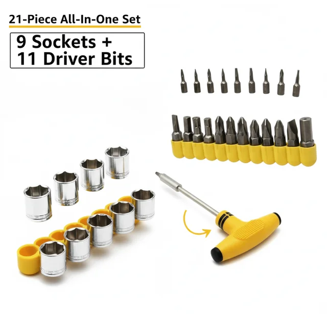 Ratchet Socket Set – 21-Piece T-Shape Tools | XcelCraft