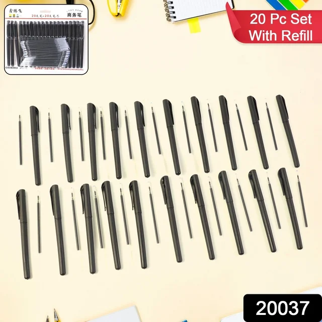 Refillable Black Marker Pen Set with 20 Pens & Extra Ink