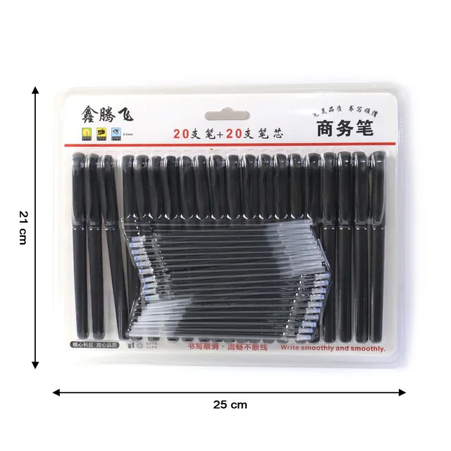 Refillable Black Marker Pen Set with 20 Pens & Extra Ink