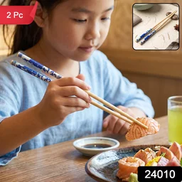 Reusable Bamboo Chopsticks with Blue Chinese Print Design (2 Pc)