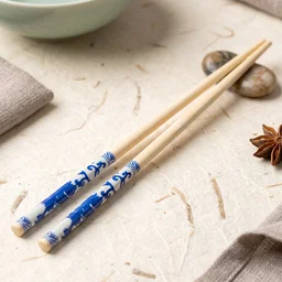 Reusable Bamboo Chopsticks with Blue Chinese Print Design (2 Pc)