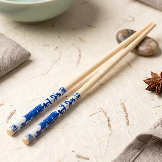 Reusable Bamboo Chopsticks with Blue Chinese Print Design (2 Pc)