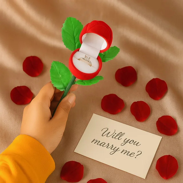Rose Flower Jewelry Ring Box – Velvet Finish & Hidden Compartment