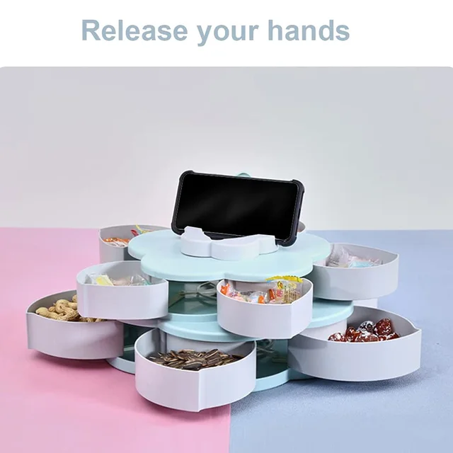 Rotating Candy Dish Flower Shape Multi Section Snack Box with Phone Holder (1 Set)