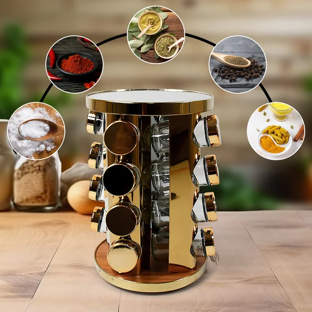 Rotating Spice Rack – LED Illuminated, 16 Jars, Golden Finish | Tidy Table