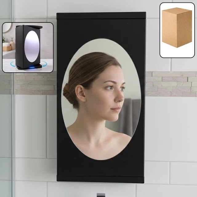 Rotating Storage Cabinet with Mirror, Space-Saving Wall Organizer