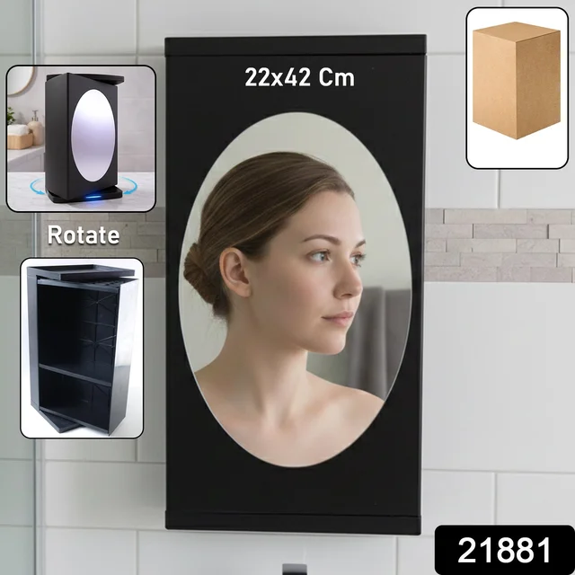 Rotating Storage Cabinet with Mirror, Space-Saving Wall Organizer