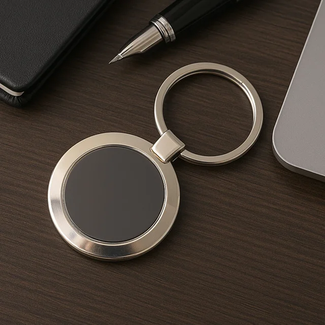 Round Metal Keychain – Durable Chrome Finish with Black Center