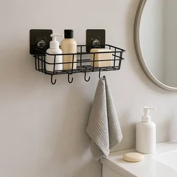 Self-Adhesive Wall Storage Baskets with Hooks – Durable Metal, No Drill