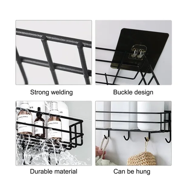 Self-Adhesive Wall Storage Baskets with Hooks – Durable Metal, No Drill