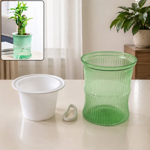 Self-Watering Bamboo Style Plastic Flower Pot – Easy Indoor Plant Care