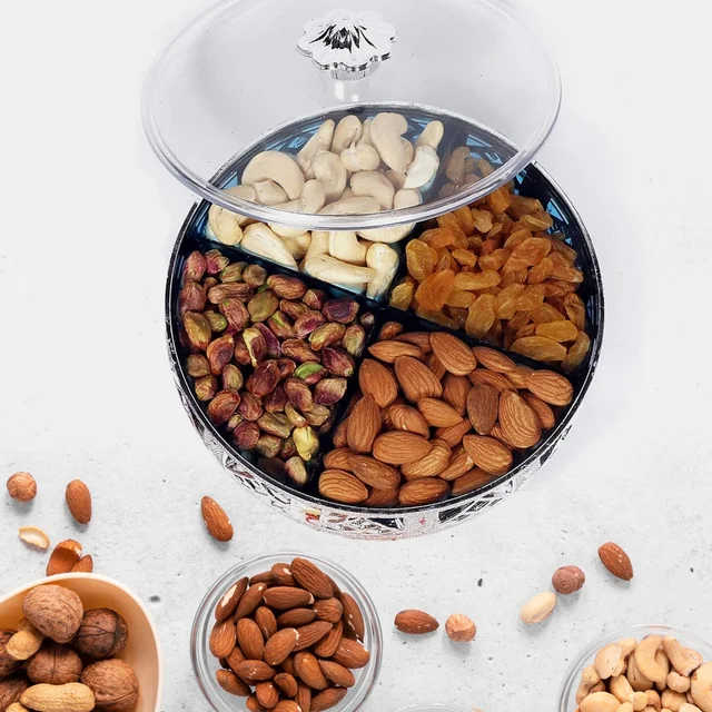 Silver Dry Fruit Box – 4-Section Round Multipurpose Gift | Tidy Table