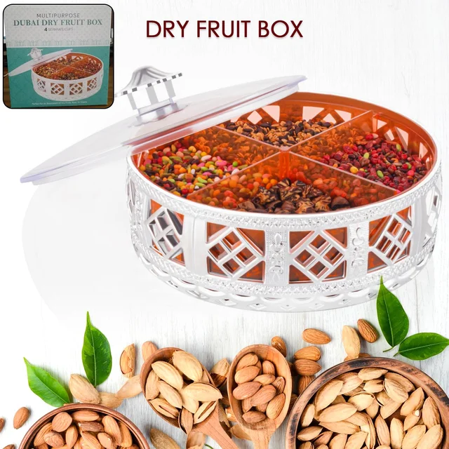 Silver Dry Fruit Box – 4-Section Round Multipurpose Gift | Tidy Table