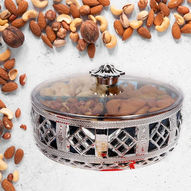 Silver Dry Fruit Box – 4-Section Round Multipurpose Gift | Tidy Table