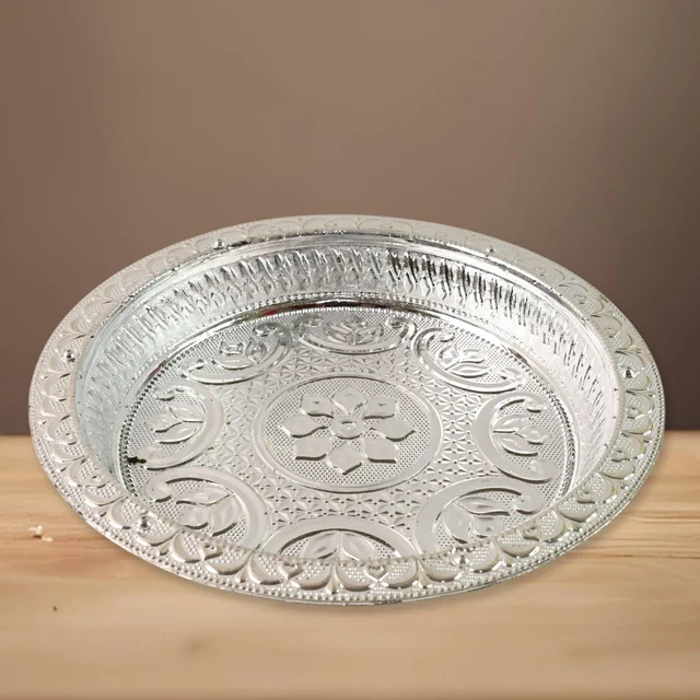 Silver Finish Plastic Pooja Thali – Lightweight & Durable