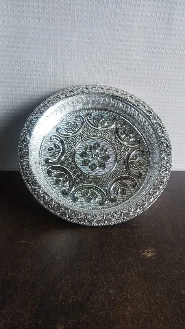 Silver Finish Plastic Pooja Thali – Lightweight & Durable