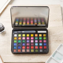 Solid Watercolor Paint Palette Kit with Metal Storage Box and Water Brush (1 Set)