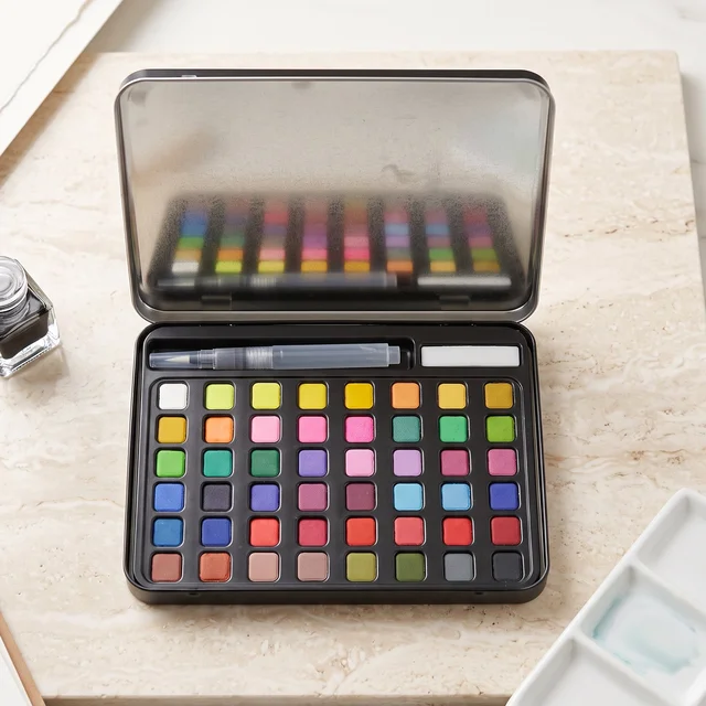 Solid Watercolor Paint Palette Kit with Metal Storage Box and Water Brush (1 Set)