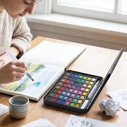 Solid Watercolor Paint Palette Kit with Metal Storage Box and Water Brush (1 Set)