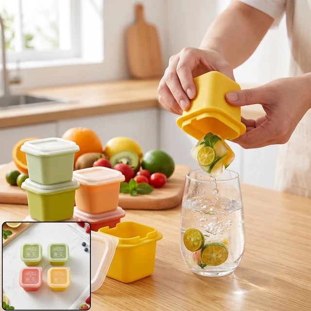 Square Ice Cube Mould Set with Lids Multicolor for Drinks and Cocktails (4 Pc)