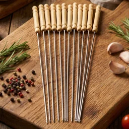 Stainless Steel BBQ Skewers – Reusable Grilling Sticks with Wooden Handle