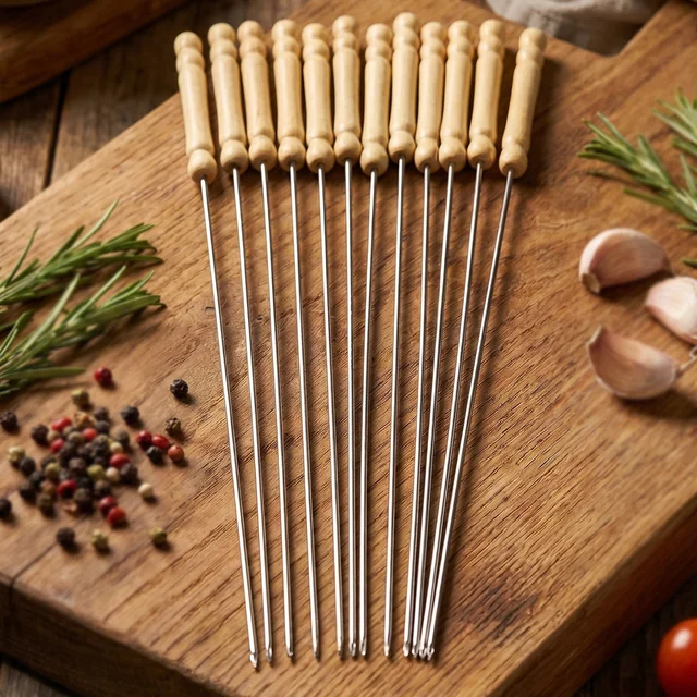 Stainless Steel BBQ Skewers – Reusable Grilling Sticks with Wooden Handle