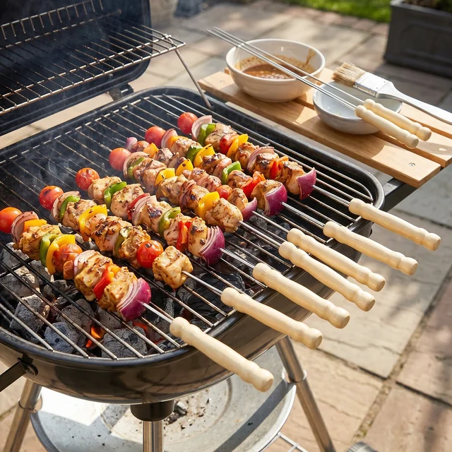 Stainless Steel BBQ Skewers – Reusable Grilling Sticks with Wooden Handle