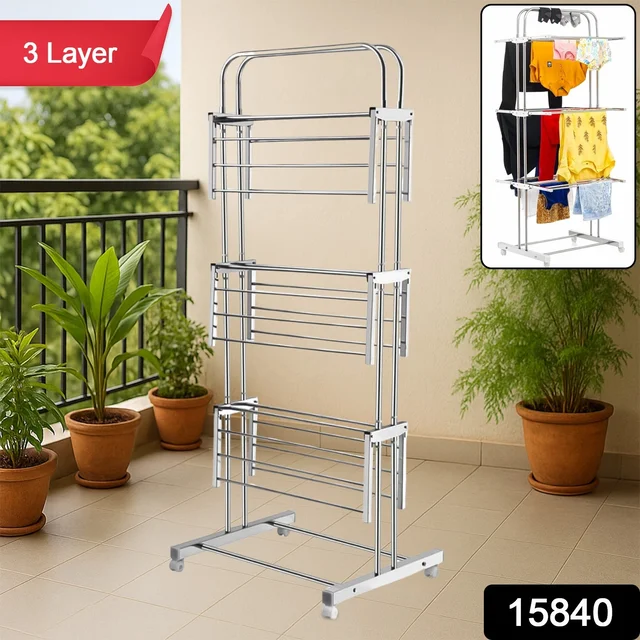Stainless Steel Clothes Drying Stand – Foldable 3-Layer Rack with Wheels