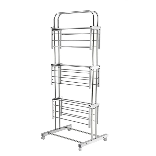 Stainless Steel Clothes Drying Stand – Foldable 3-Layer Rack with Wheels