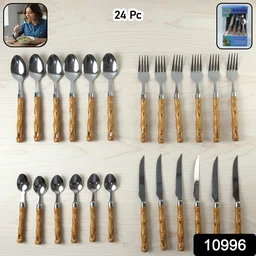 Stainless Steel Cutlery Set – Elegant Wooden Handle, 24 Pieces