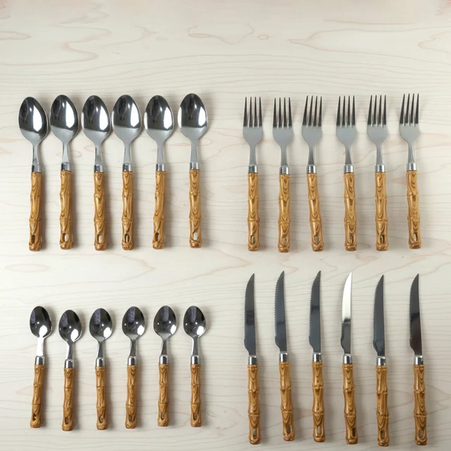 Stainless Steel Cutlery Set – Elegant Wooden Handle, 24 Pieces