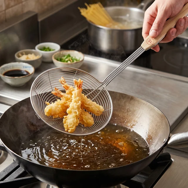 Stainless Steel Frying Skimmer – Long Handle for Safe Cooking