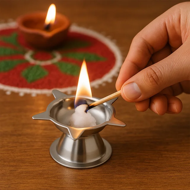 Stainless Steel Lotus Design Diya – Durable Traditional Puja Lamp
