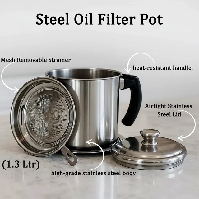 Stainless Steel Oil Filter Pot – 1.3L Durable & Reusable