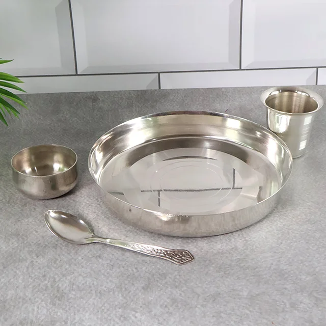 Stainless Steel Pooja Thali Set – Complete 4-Piece Dining Set