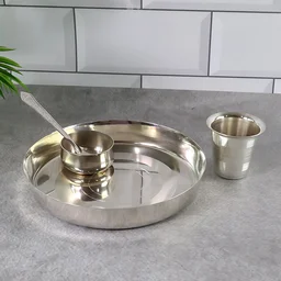 Stainless Steel Pooja Thali Set – Complete 4-Piece Dining Set